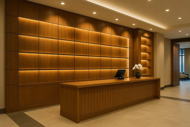 custom commercial millwork reception desk and wall panel installation in Toronto