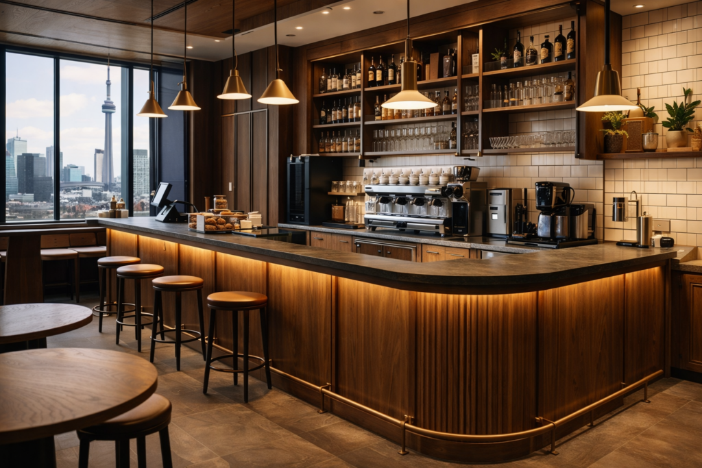 Cafe millwork Toronto custom coffee shop interior with barista station